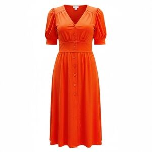 LuLaRoe SKYLER Orange / Red Midi Button Front Dress Elastic Waist Size M Gaze